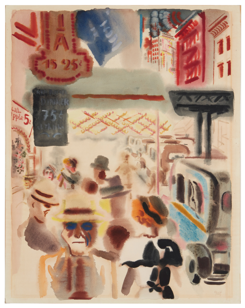New York City street scene by George Grosz, estimated at $18,000-$25,000