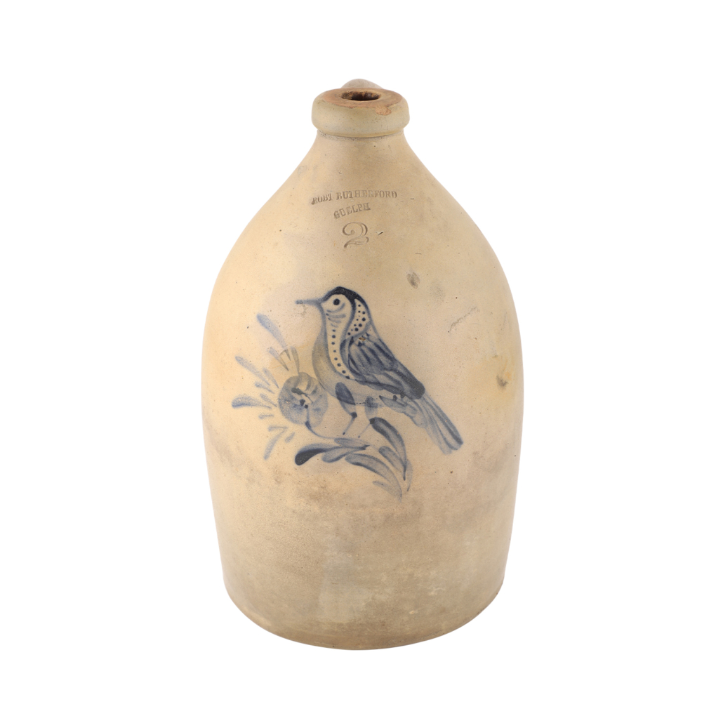 Rutherford Guelph jug with bird decoration, estimated at CA $4,000-$5,000