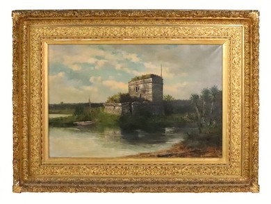 Oversize painting of a Floridian fort by Frank Henry Shapleigh, estimated at $20,000-$30,000