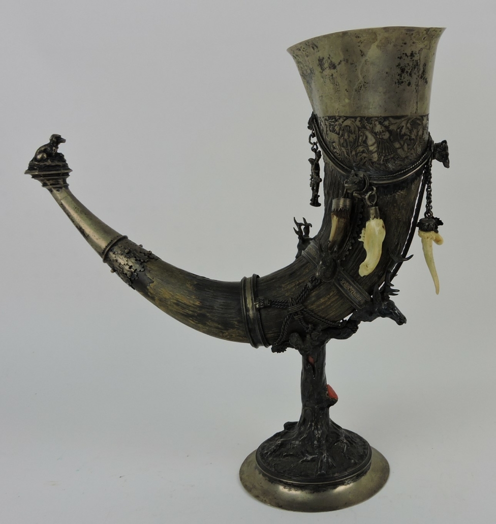  Monumental silver-mounted drinking horn, estimated at $800-$1,200