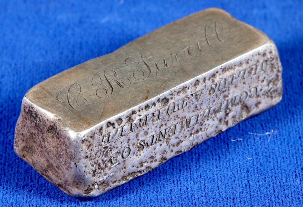 Silver ingot engraved from Julius A. Turrill to his nephew, which sold for $5,875