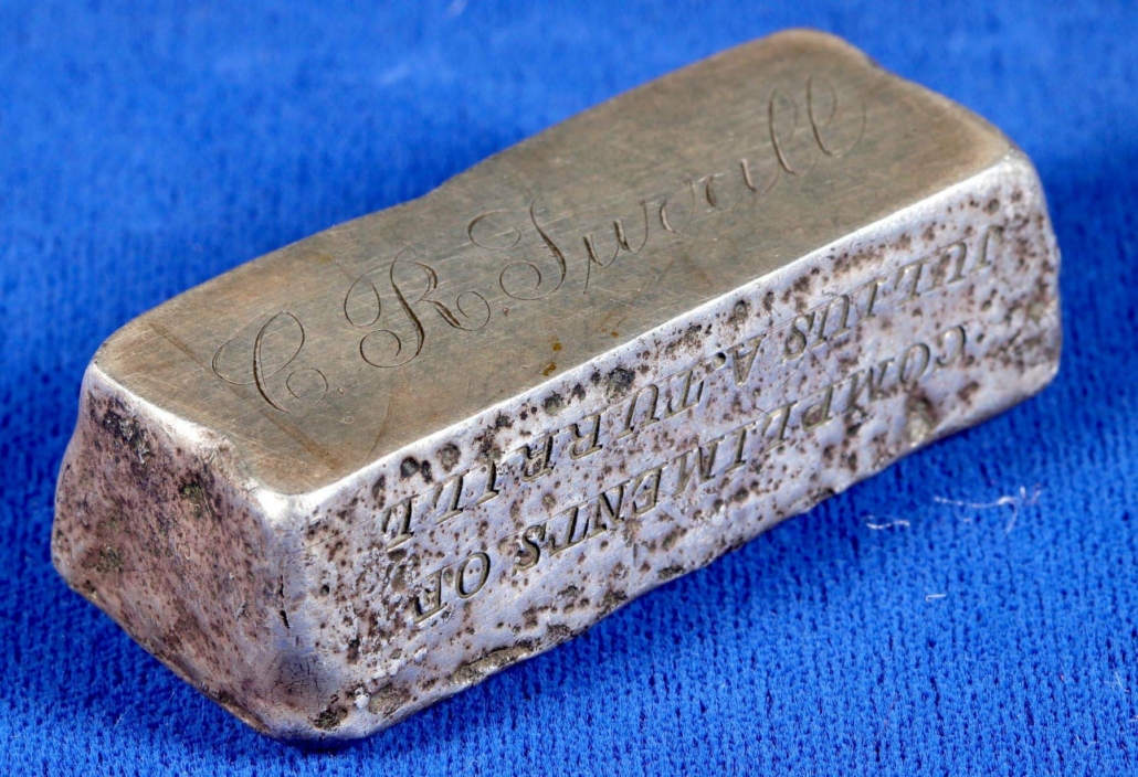 Silver ingot engraved from Julius A. Turrill, who owned stock in Comstock mines, to his nephew, estimated at $8,000-$12,000