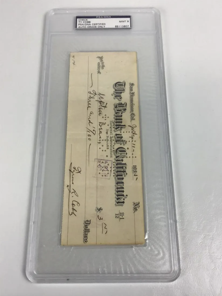 1934 check that Ty Cobb signed “Tyrus Cobb,” estimated at $6,000-$9,000