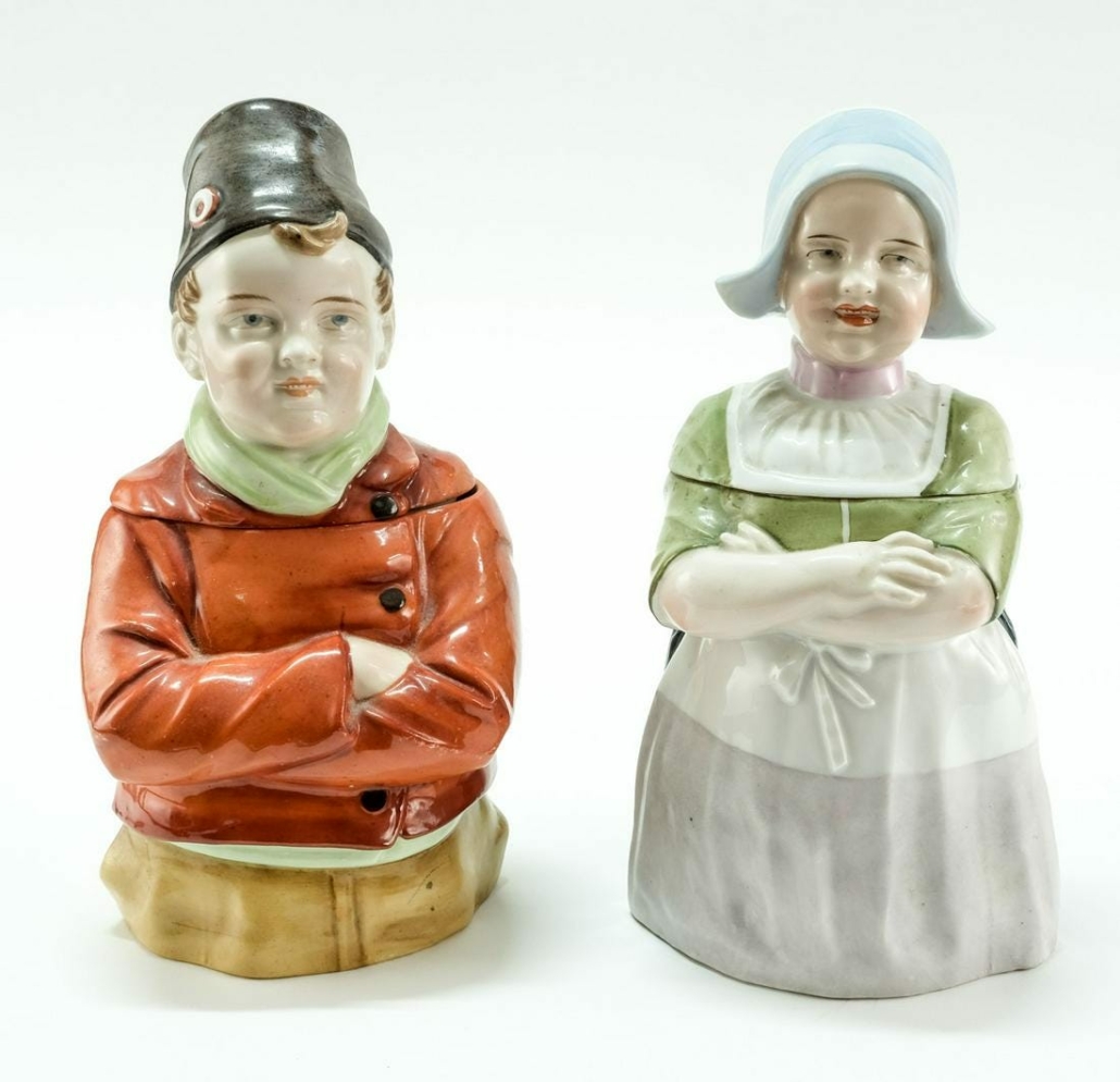 Two German porcelain character steins of a boy and girl brought $3,750 plus the buyer’s premium in December 2020 at Nest Egg Auctions.