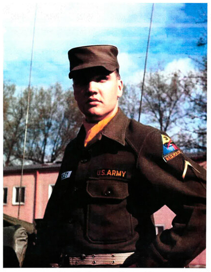 Elvis Presley wearing an Army uniform that later sold for $21,250