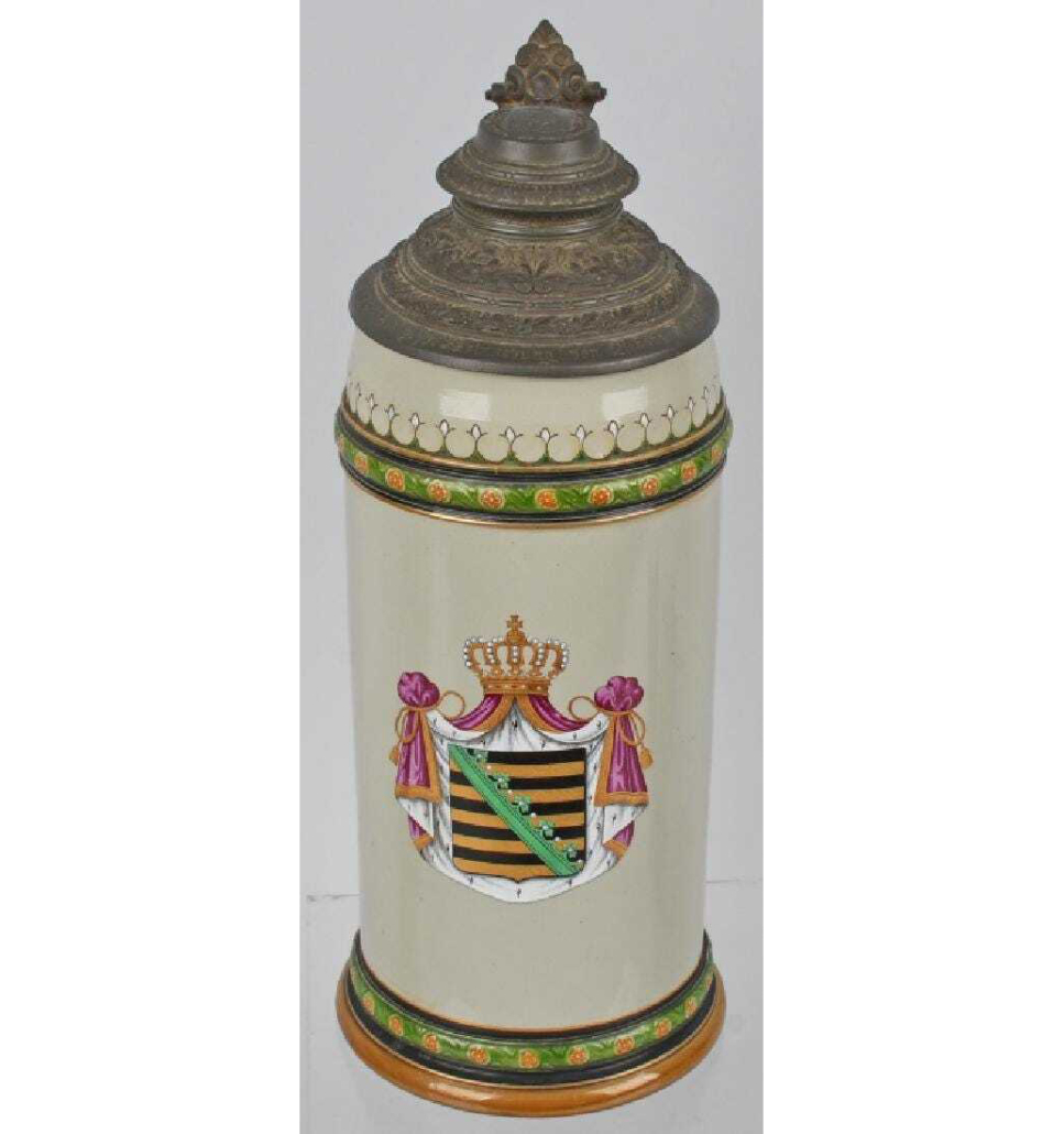 This Mettlach three-liter beer stein with the Saxony coat of arms sold for $6,000 plus the buyer’s premium in July 2019 at Milestone Auctions.