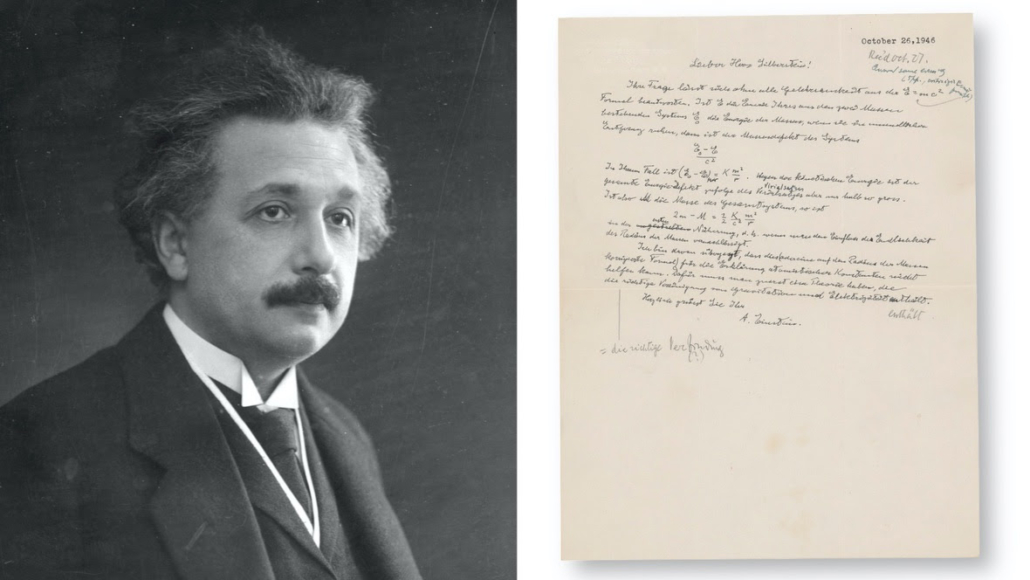 Albert Einstein pictured alongside the letter containing his famous equation, which sold for $1.2 million