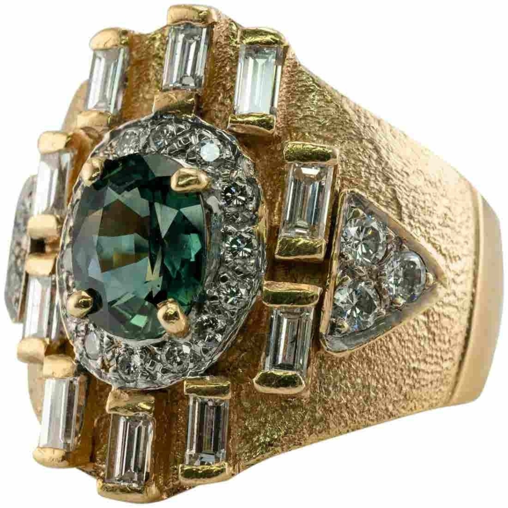 Vintage men's 14K yellow gold ring with green sapphire and diamonds, estimated at $4,500-$5,500