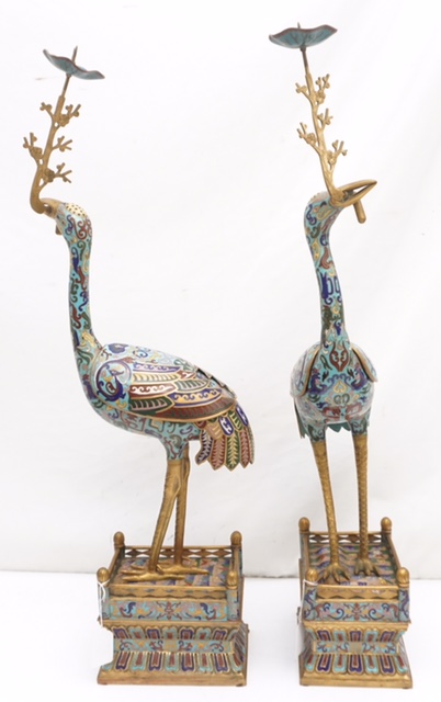 Pair of cloisonne stork-form candlesticks, estimated at $5,000-$7,000