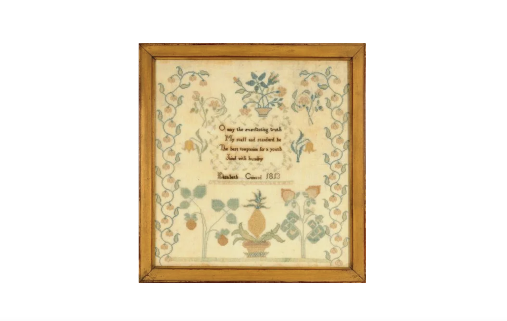 1813 needlework sampler stitched by Elizabeth Conard, estimated at $3,500-$4,500