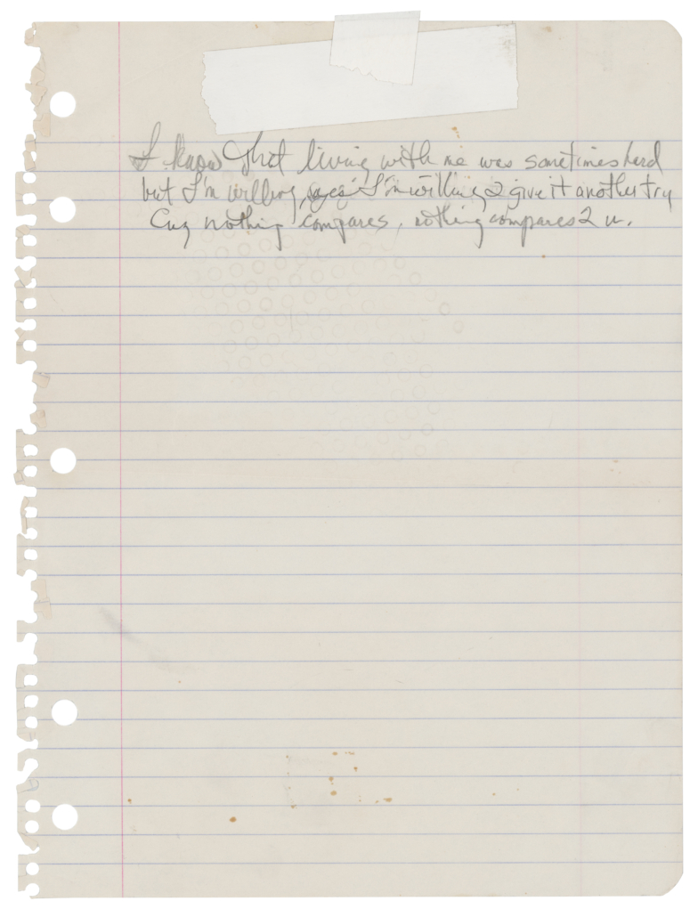Second and final page of handwritten Prince lyrics for ‘Nothing Compares 2 U’, which sold for $150,986