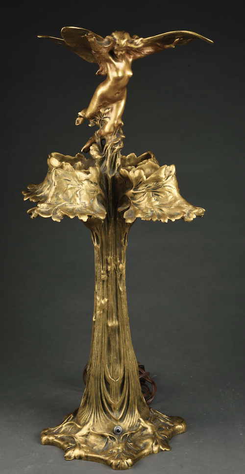 Raoul Larche Art Nouveau gilt-bronze table lamp, which sold for $33,210, more than twice the high estimate.