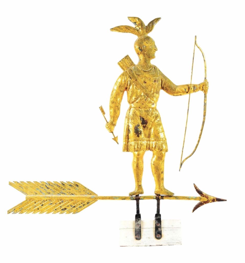 Molded and gilded-copper weathervane depicting standing Massasoit Indian, which sold for $258,300