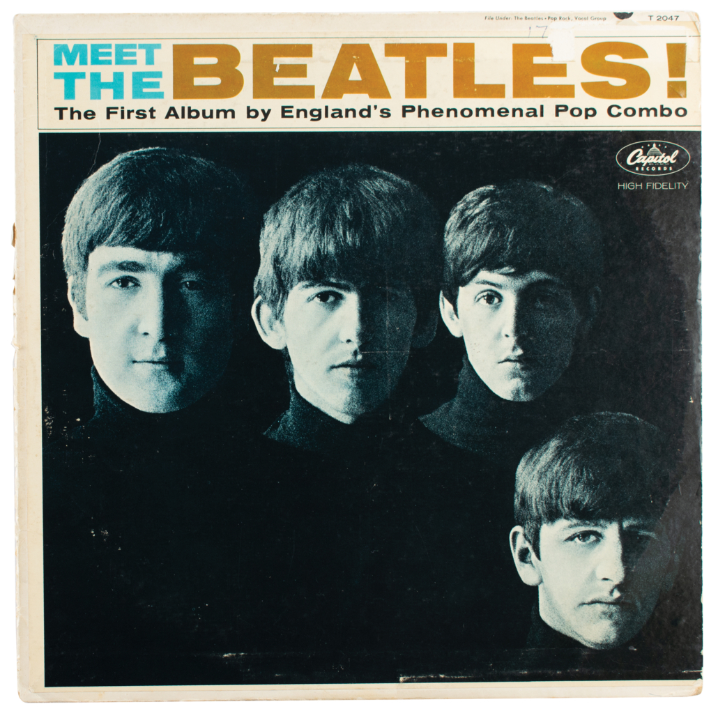 Cover of a fully signed ‘Meet the Beatles’ promo album, inscribed to George Harrison’s sister, estimated at $100,000-$125,000