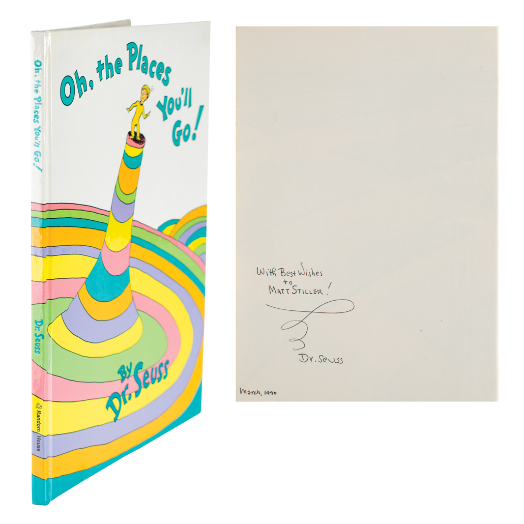 Dr. Seuss-signed first-edition copy of Oh, the Places You'll Go!, estimated at $12,000-$15,000