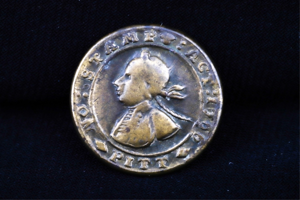 William Pitt No Stamp Tax button from 1766, estimated at $1,000-$2,000