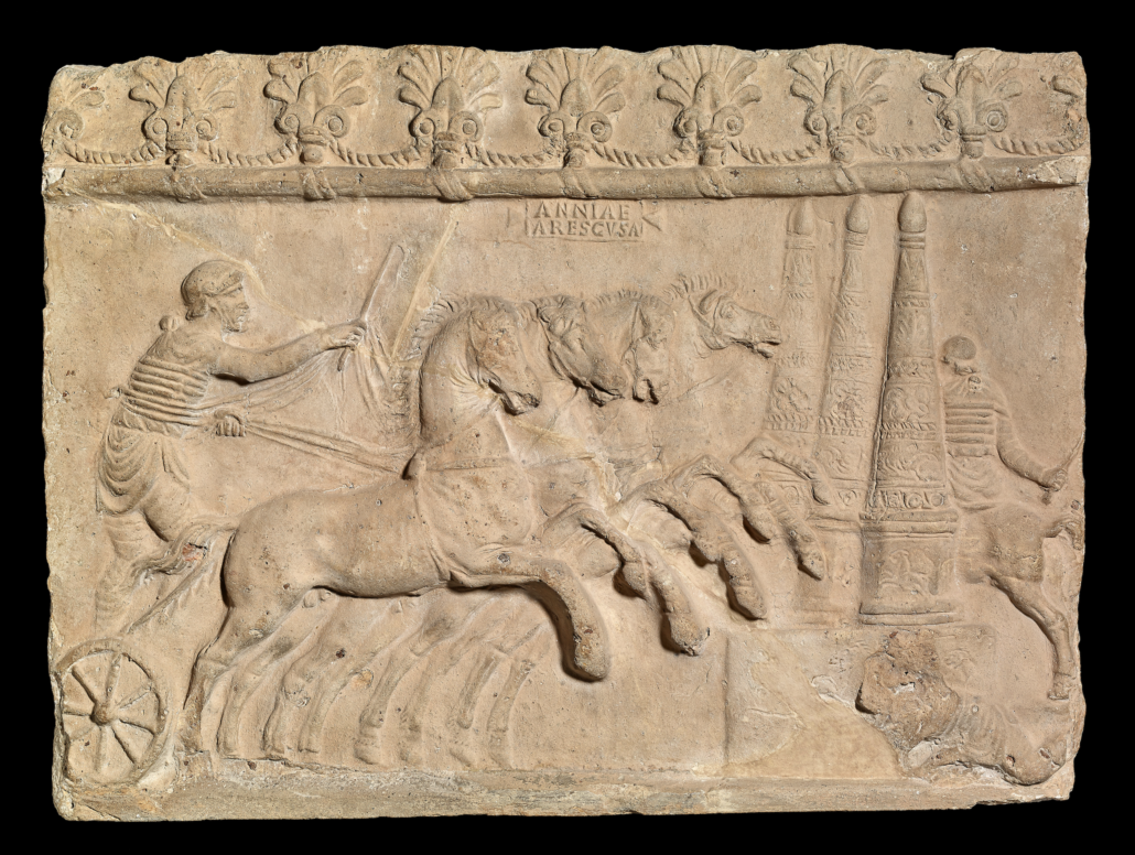 Terracotta relief showing a chariot-race, Italy, AD 40–70. © The Trustees of the British Museum.