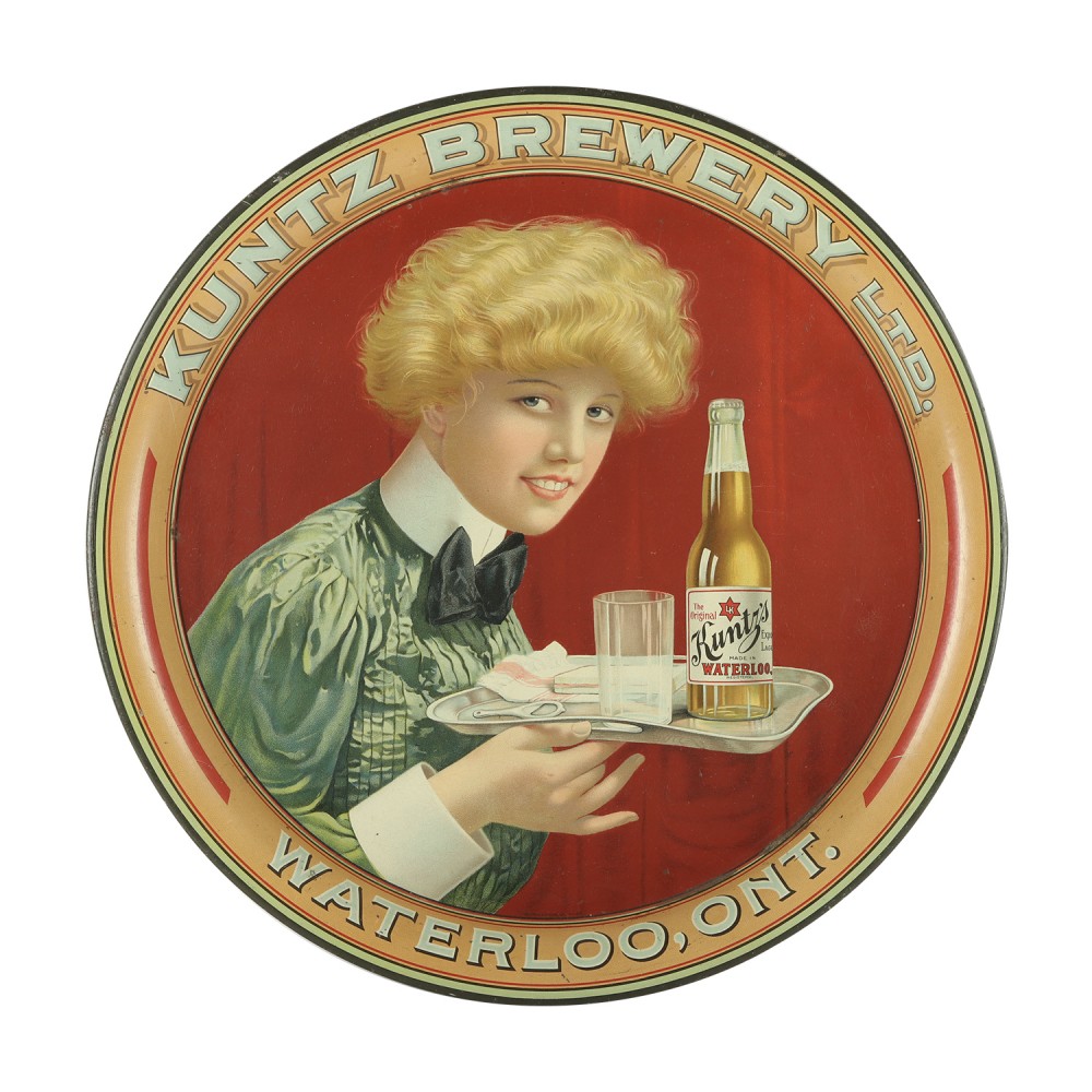 Kuntz Brewery Bologna Girl lithographed tin beer tray, estimated at CA$4,000-$6,000
