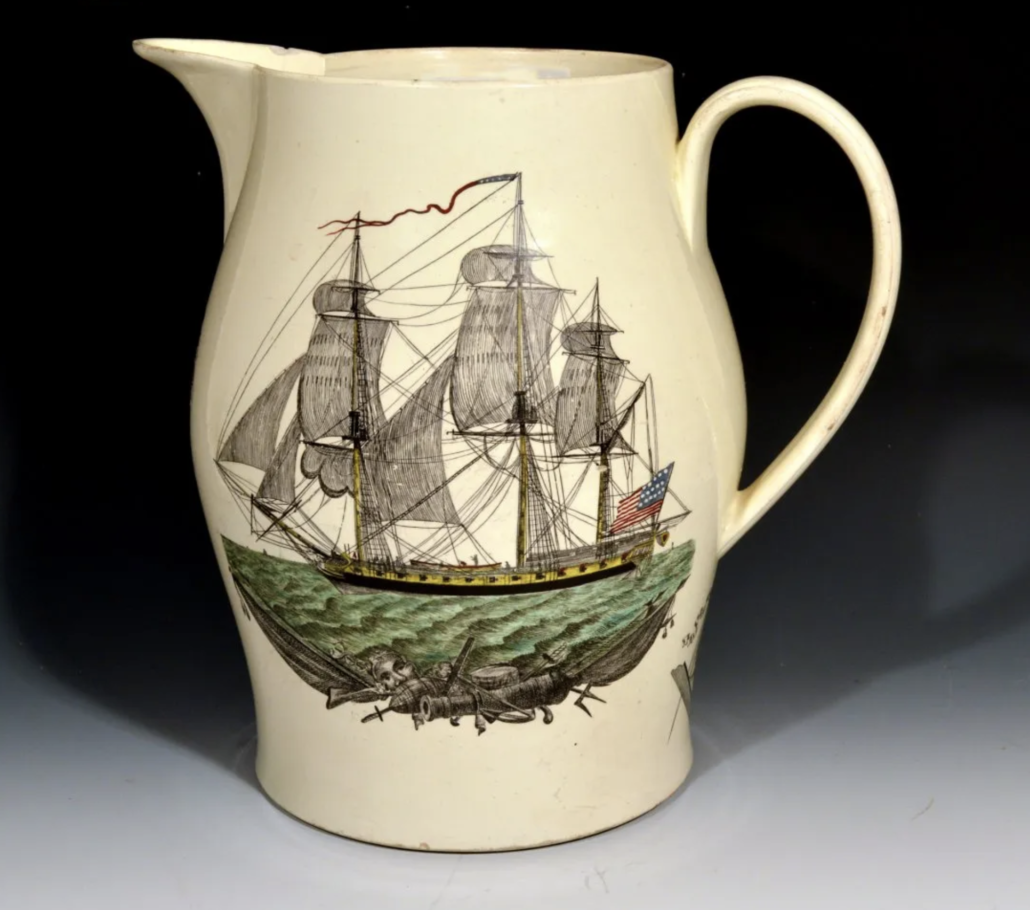 Liverpool creamware American ship jug, estimated at $3,500-$4,000