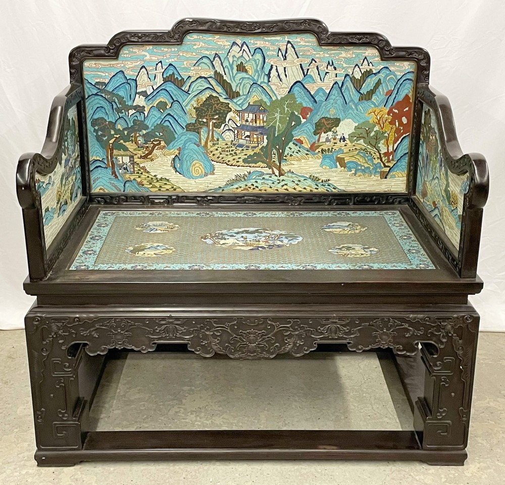Fine Chinese rosewood and cloisonne bench, estimated at $6,000-$10,000