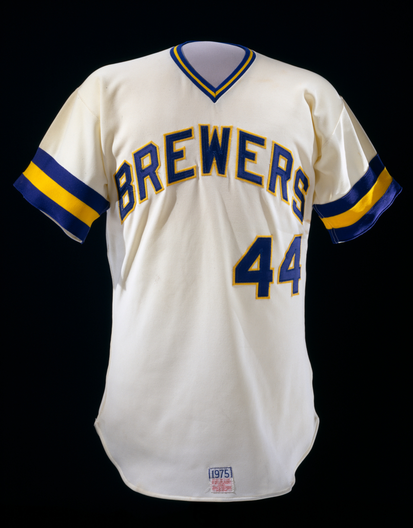 McAuliffe Uniform Company, Milwaukee Brewers jersey, worn by Hank Aaron, 1975, cotton and nylon, Division of Cultural and Community Life, National Museum of American History, Smithsonian Institution, 1977.1133.01. Courtesy of the Smithsonian's National Museum of American History.