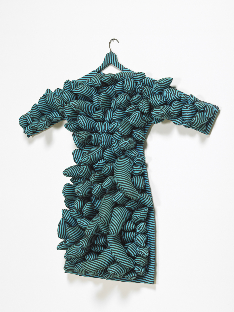 Yayoi Kusama, ‘Blue Coat,’ 1965, stuffed and sewn aqua and black striped cotton, wire hanger, Rose Art Museum, Brandeis University. Bequest of Louis Schapiro, Boston, by exchange. Charles Mayer Photography. 