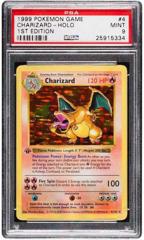 Charizard, a fire Pokemon, has widespread appeal. This first edition card fetched $31,000 plus the buyer’s premium in April 2021 at Heritage Auctions.