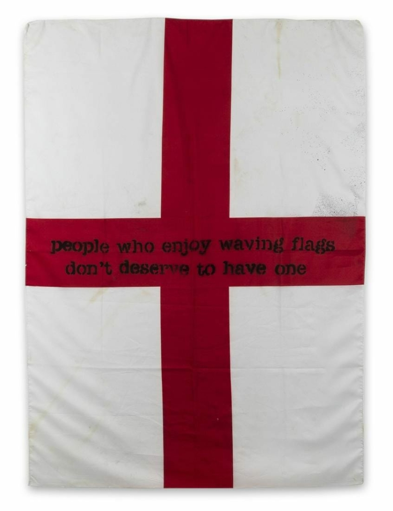 ‘People Who Enjoy Waving Flags Don’t Deserve To Have One’, a spray paint work on a found St George’s Cross flag, 2003, brought $310,471 plus the buyer’s premium in April 2021 at Forum Auctions.