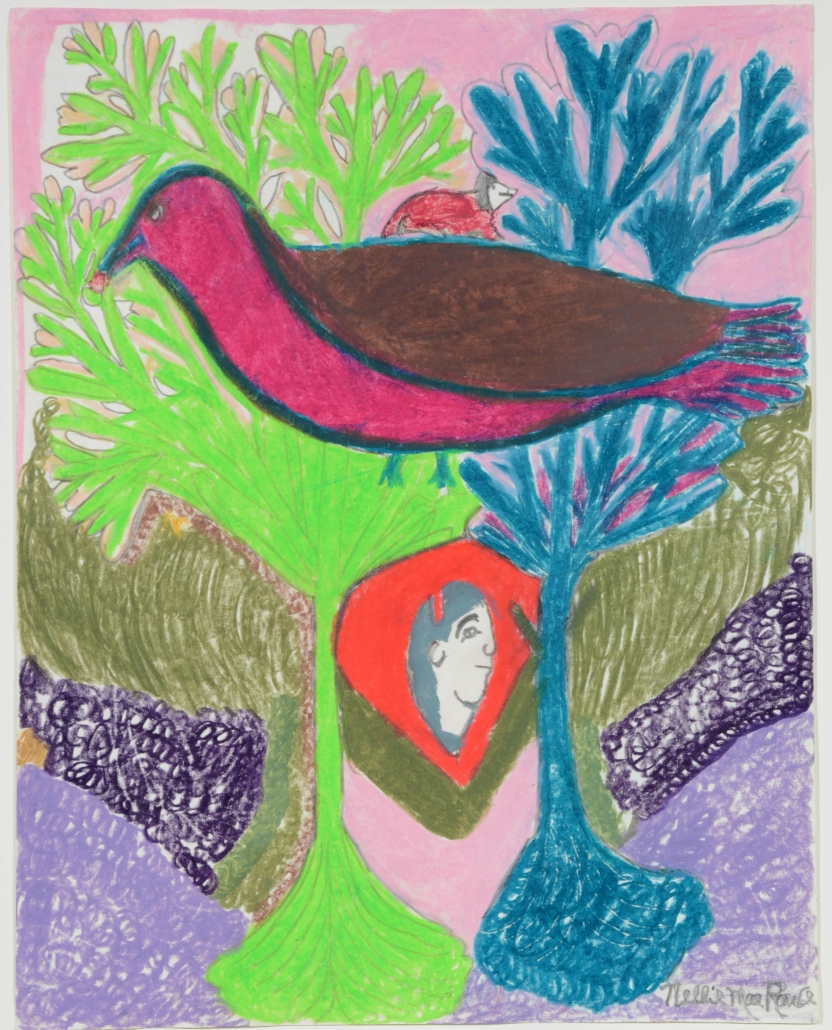 ‘Purple Partridge,’ a painting by Nellie Mae Rowe, sold for $13,000 plus the buyer’s premium in April 2021 at Slotin.