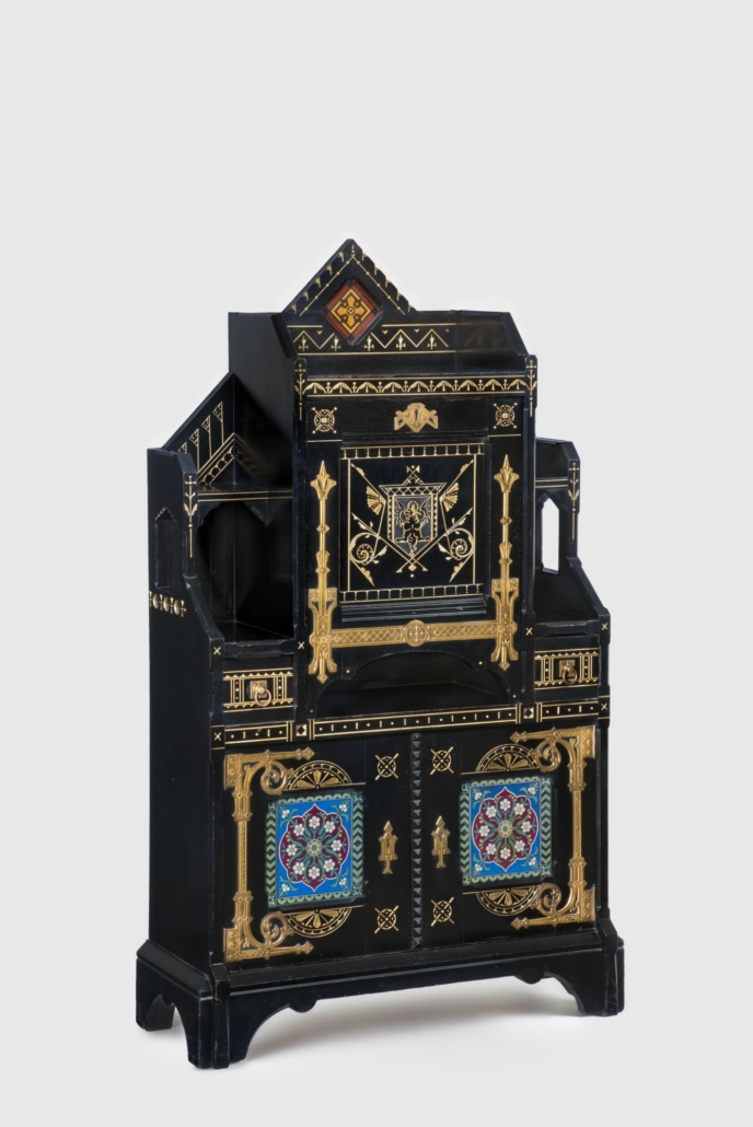 Kimbel and Cabus (New York, 1863–82). Cabinet-Secretary, circa 1875. Painted cherry, gilding, copper, brass, leather, earthenware, 60 × 35 × 14 in. (152.4 × 88.9 × 35.6 cm). Brooklyn Museum; Bequest of DeLancey Thorn Grant in memory of her mother, Louise Floyd-Jones Thorn, by exchange, 1991.126. (Photo: Gavin Ashworth)