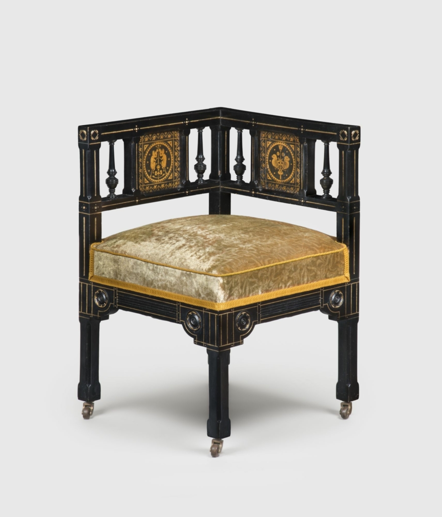 Kimbel and Cabus (New York, 1863–82). Corner Chair, circa 1875. Painted soft maple, paper, gilding, copper alloy, rubber, modern textile, 27 1/2 × 18 1/2 × 18 1/2 in. (69.9 × 47 × 47 cm). Brooklyn Museum; Bequest of DeLancey Thorn Grant in memory of her mother, Louise Floyd-Jones Thorn, by exchange, 1992.9. (Photo: Gavin Ashworth) 