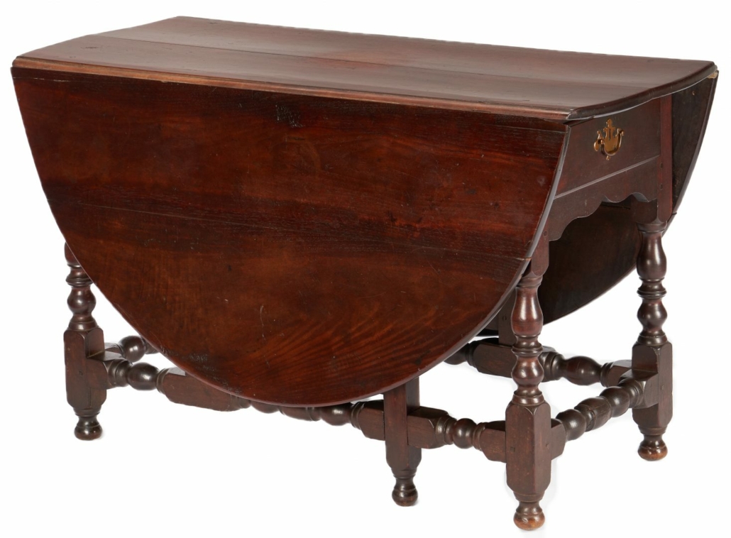 William and Mary Pennsylvania two-drawer gateleg table, estimated at $8,000-$8,500