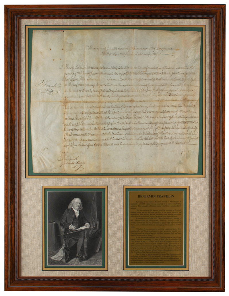 1788 land grant signed by Benjamin Franklin, estimated at $8,000-plus