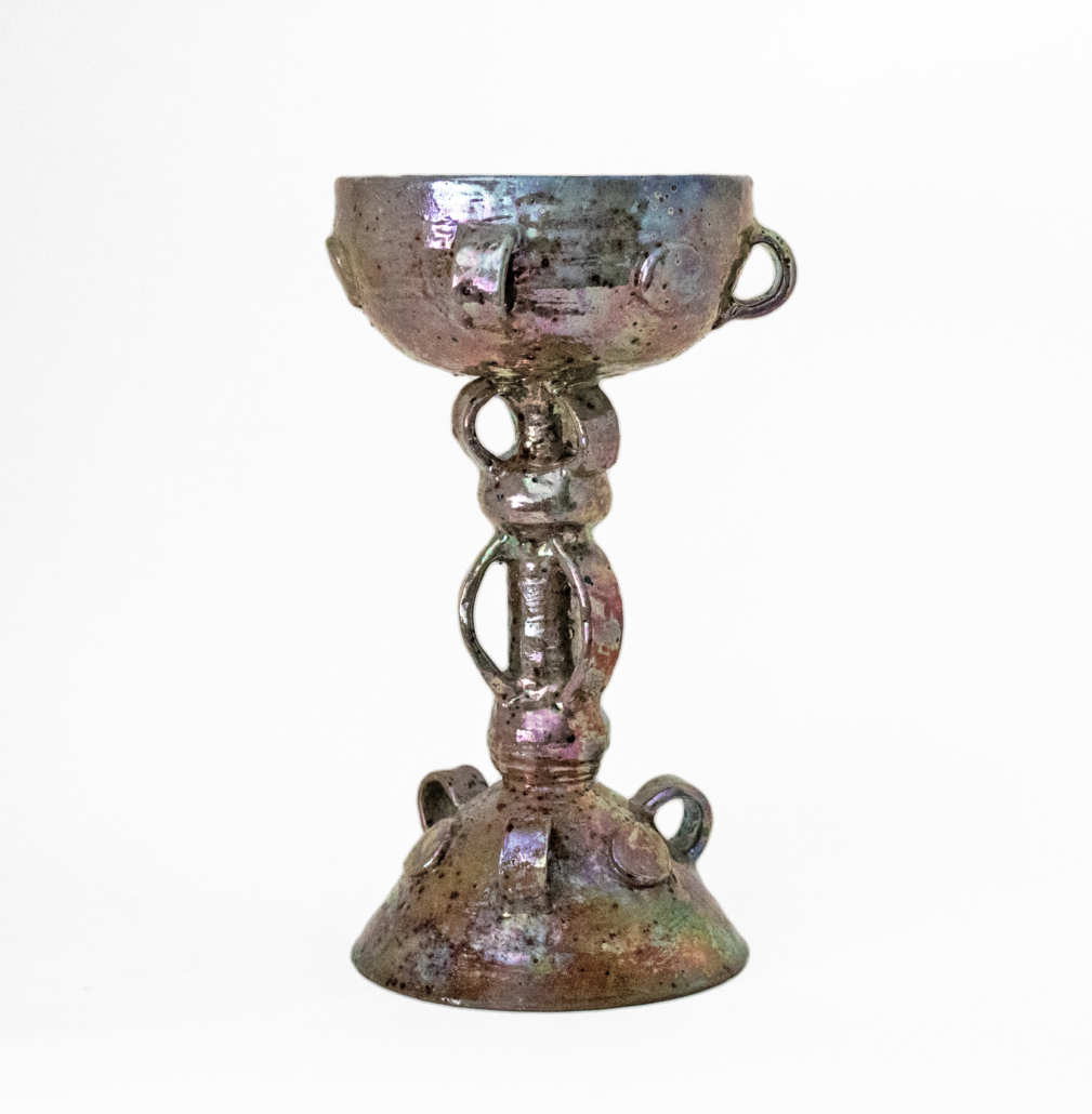 Beatrice Wood Pink, ‘Blush/Gold Chalice,’ ca. 1982 earthenware and luster glaze, 12½ x 7 inches. Victoria Schonfeld Collection