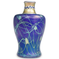 Steuben iridized sapphire blue over flint white vase decorated with gold Aurene leaf-and-vine and Intarsia collar, estimated at $2,000-$20,000