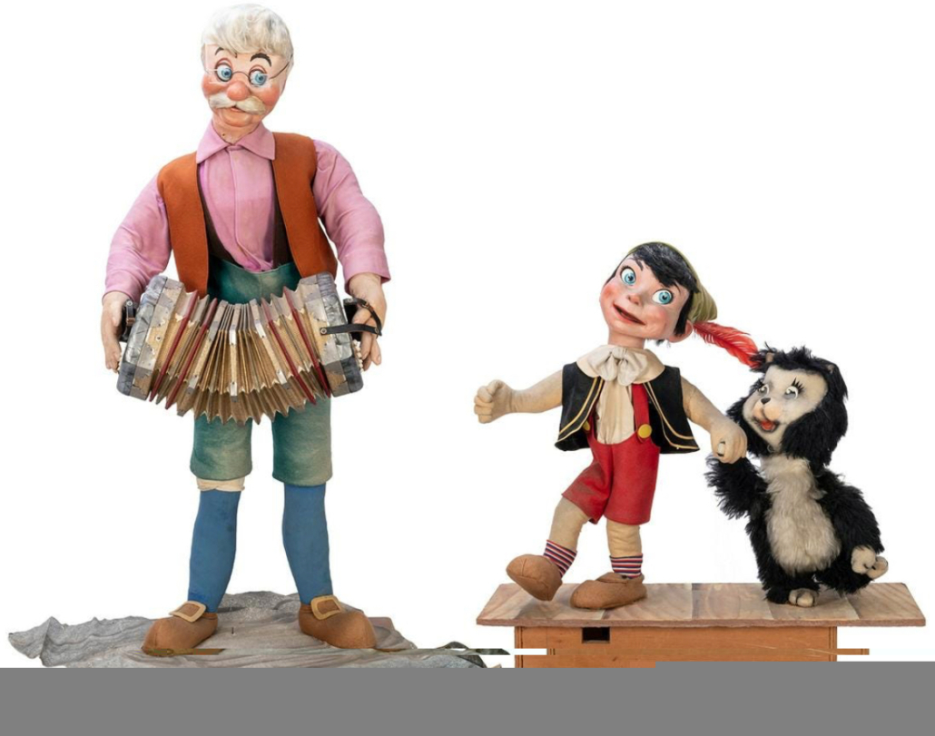 Trio of automatons in the form of Pinocchio, Geppetto, and Figaro, estimated at $10,000-$20,000
