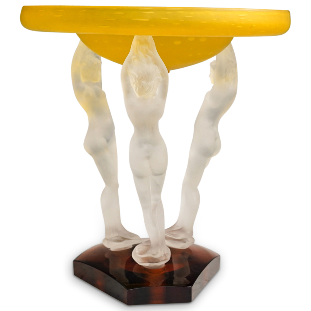 Steuben Bristol center bowl fitted atop three frosted nude figural ‘Diving Girl’ supporting inserts, estimated at $10,000-$20,000