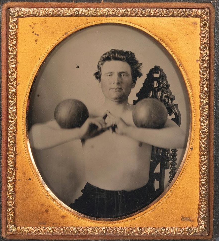 Sixth-plate ambrotype of an unidentified strongman or weightlifter, which sold for $7,800
