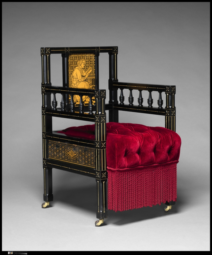 Kimbel and Cabus (New York, 1863–82). Chair, circa 1875. Ebonized cherry, gilding, paper, modern textile, 35 × 20 1/4 × 24 1/2 in. (88.9 × 51.43 × 62.2 cm). Metropolitan Museum of Art, New York; Promised Gift of Barrie A. and Deedee Wigmore, L.2019.66.30. © The Metropolitan Museum of Art. (Photo: Art Resource, NY) 