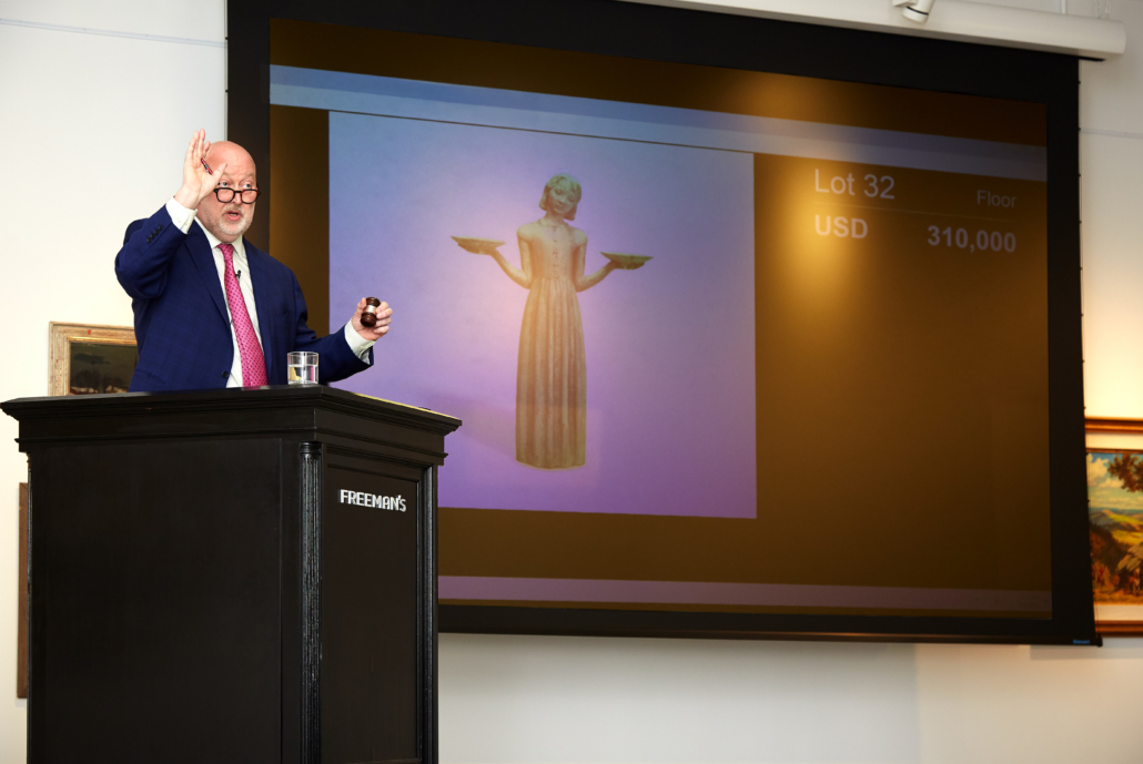 Freeman’s Chairman Alasdair Nichol presides over the auction of Sylvia Shaw Judson’s ‘Bird Girl’ on June 6. The sculpture realized $390,600.
