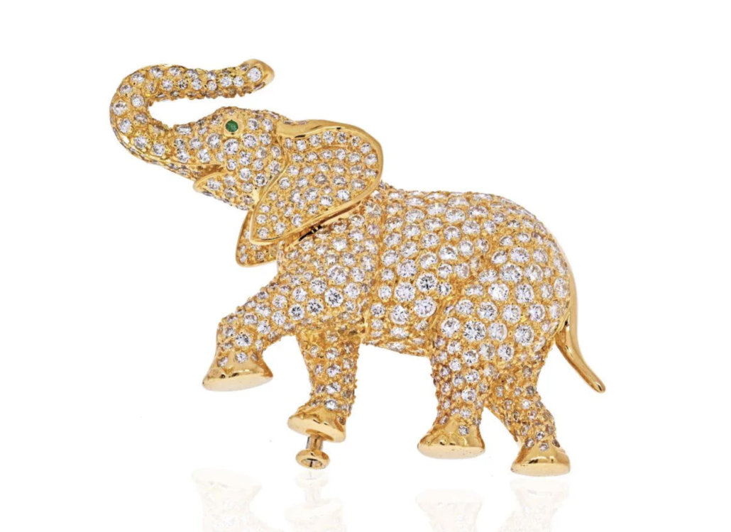 A Cartier 18K yellow gold elephant brooch with pave diamonds realized $24,550 plus the buyer’s premium in 2021. 