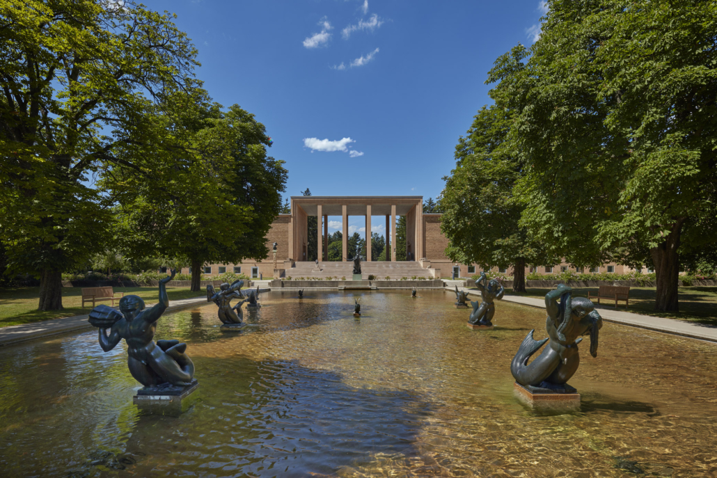 Cranbrook Academy of Art, Triton Pools featuring sculptures by Carl Milles (Artist-in-Residence, Department of Sculpture, 1931–1953). Courtesy Michigan State Preservation Office. Photo: James Haefner.