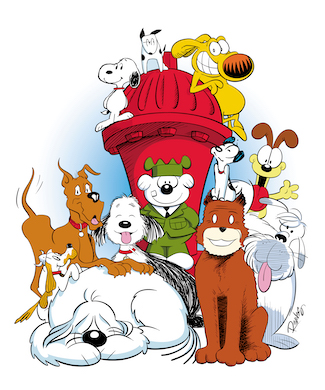 Lead image for 'The Dog Show: Two Centuries of Canine Cartoons.' Image Credit: Art by Eric Reaves. Snoopy © PNTS; Biscuit © Jan Eliot; Grimmy © Grimmy, Inc.; Marmaduke © UFS; Farley © Lynn Johnston Productions, Inc.; Otto © Comicana, Inc.; Earl © Patrick McDonnell; Odie © Paws; Snert © King Features Syndicate, Inc.; Dawg © Comicana, Inc.; Sandy © Tribune Media Services, Inc.; and Ruff © North America Syndicate, Inc. Used by permission.