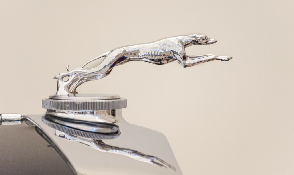 Greyhound hood ornament, Gorham Silversmiths for Lincoln Motor Company, Dearborn, Michigan. Model K, 202 A, Sport Phaeton, 1931. Collection of the Frick Art & Historical Center. Purchased October 1931 by Helen Clay Frick. Photo: Benjamin Matthews. 