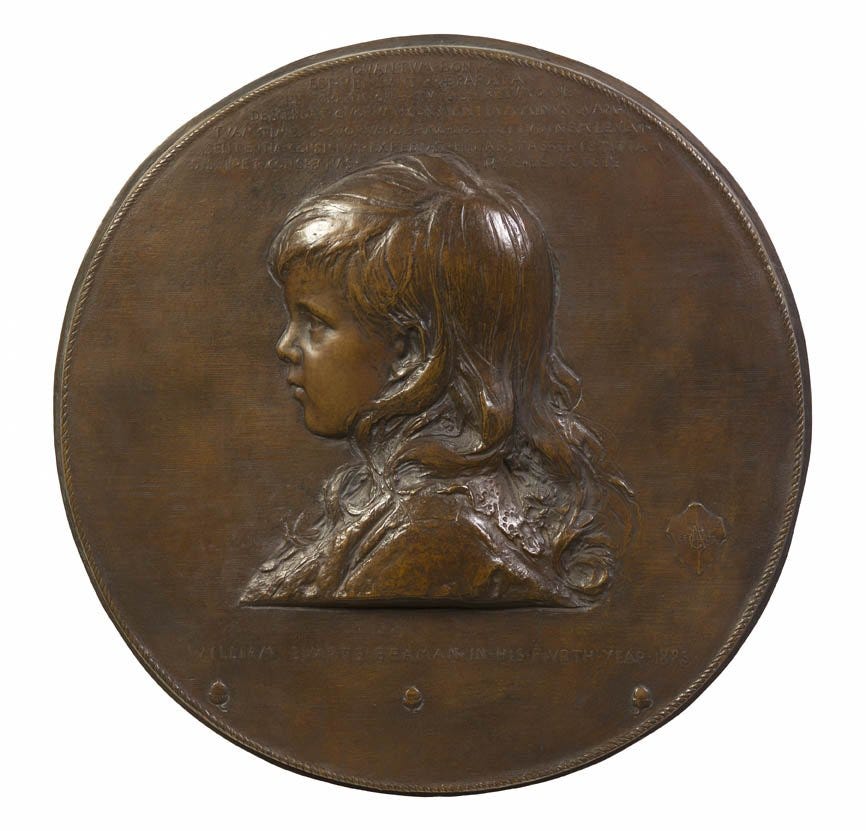 This bronze plaque by Augustus Saint Gaudens, titled William Evarts Beaman in his fourth year, sold for $34,720 on May 12, 2012 at Hindman in Chicago.