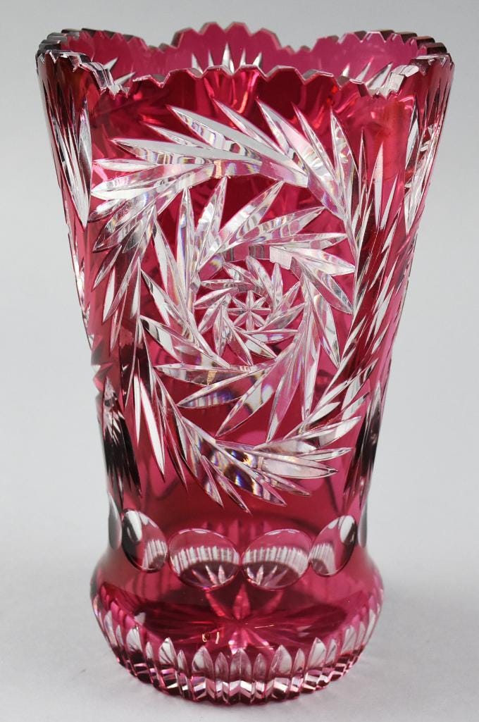 German Imperlux cranberry glass cut to clear vase, estimated at $120-$180