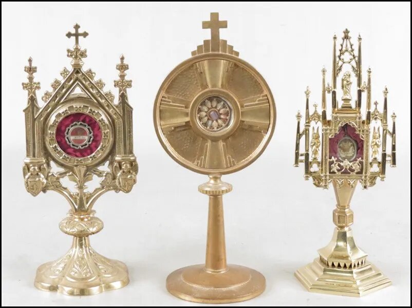 Three examples of Gothic-style brass monstrances sold together for $1,200 plus the buyer’s premium in 2011 at Susanin’s Auctions.
