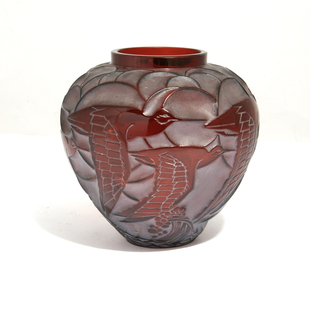 R. Lalique frosted amber glass Courlis vase, estimated at $2,000-$3,000