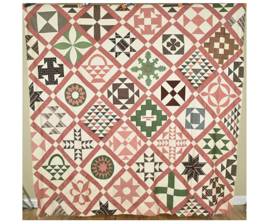 Hand-pieced sampler quilt top commemorating the 1876 Centennial, estimated at $1,200-$1,500