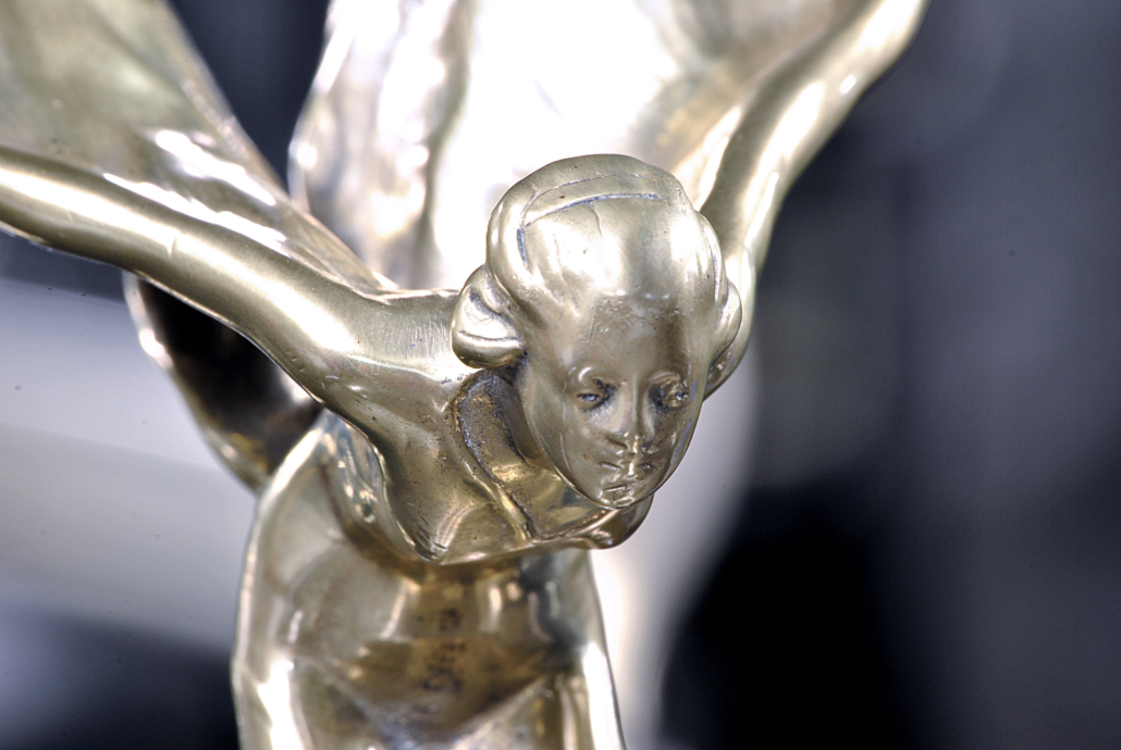 Detail shot of Spirit of Ecstasy, Charles Sykes for Rolls-Royce Silver Ghost Salamanca Town Car, 1923. Frick Art & Historical Center. Gift of William Penn Snyder, III. Photo: Gregory Pytlik. 